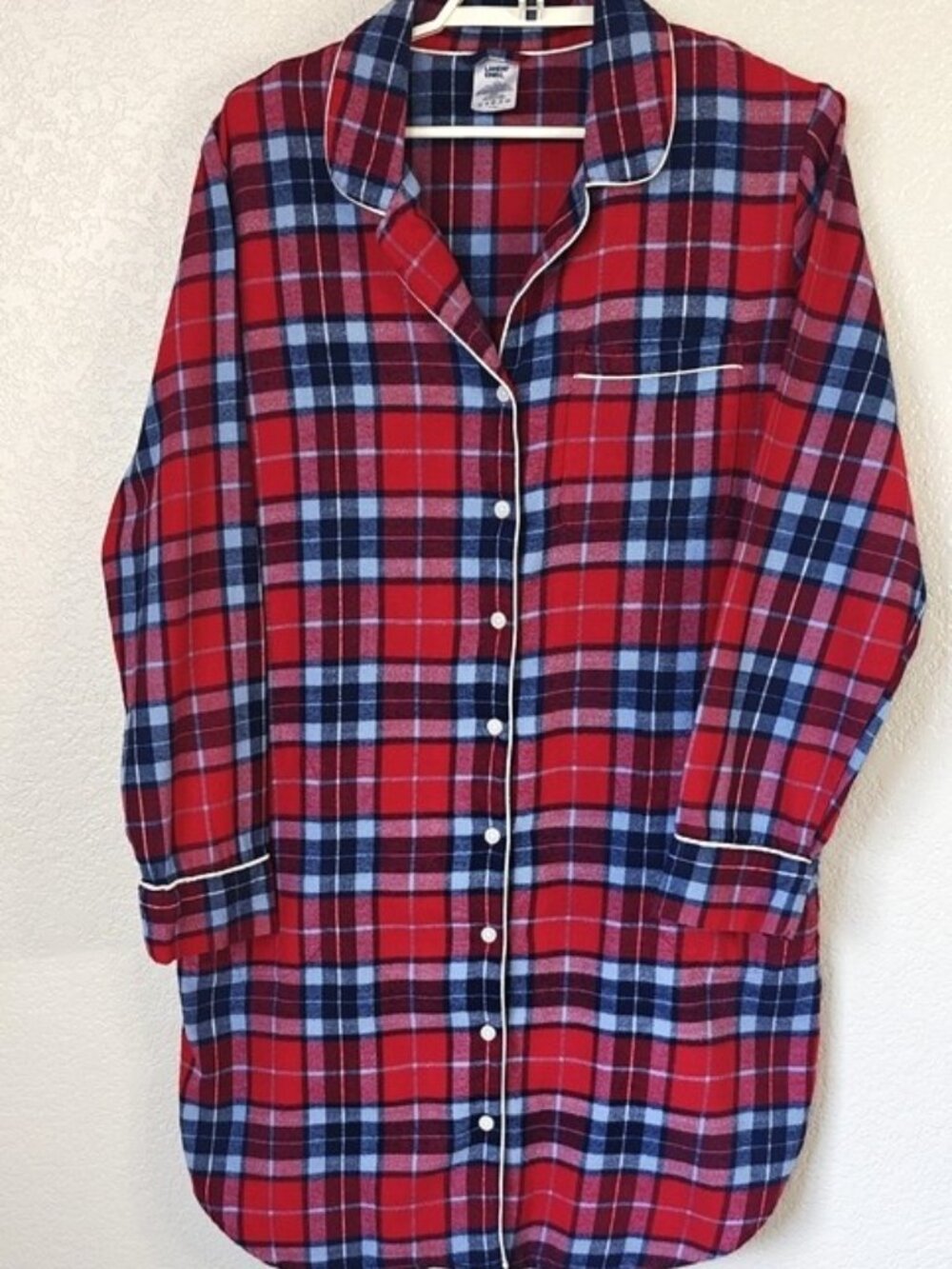 Lands' End Sz Large Sleepshirt Cozy Plaid Flannel Long Sleeve Pockets Nightgown